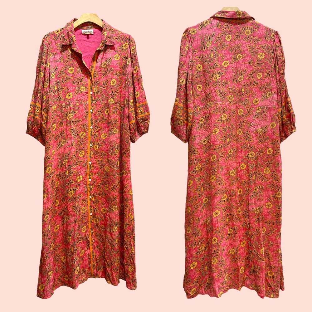 Celina Moon Pink Floral Maxi Shirt Dress 3/4 Puff Sleeve Button Front L Large